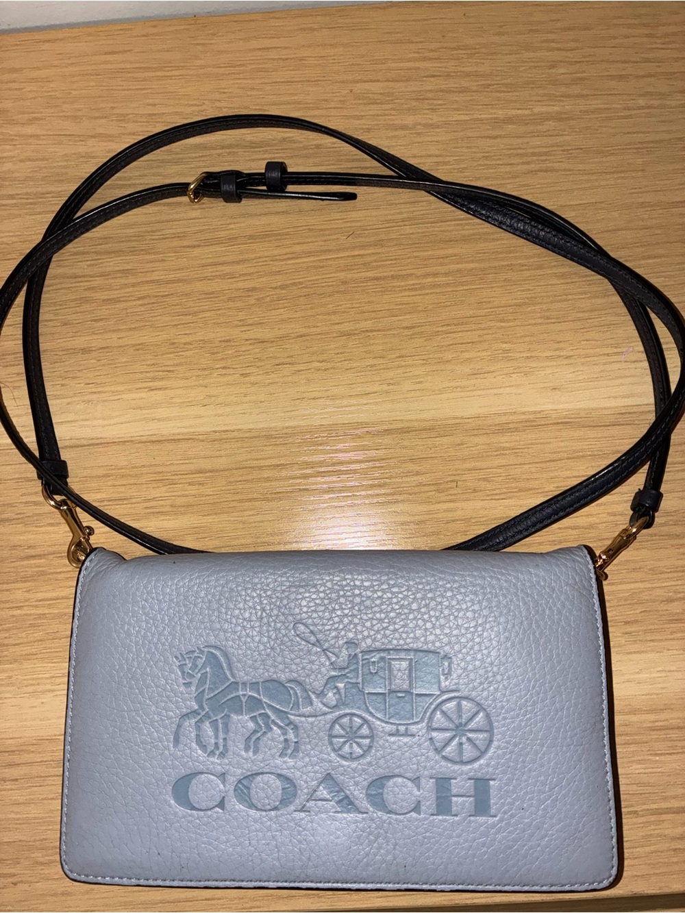 COACH Embossed Carriage Pebbled Leather Crossbody in Light Blue and Black Strap